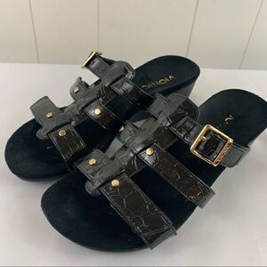 Vionic Radia Slip On Sandal Patent Leather Black Croc Triple Strap Wedge 6 Wide